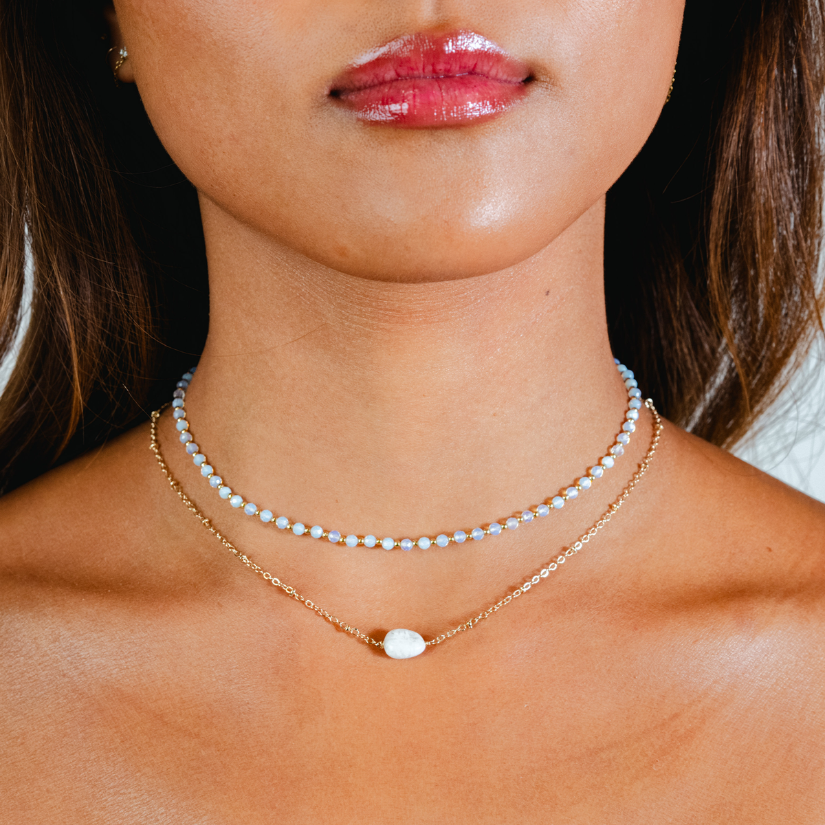 Moon Dancer 3mm Healing + Moonstone Necklace Stack in studio — Soul Flow Apparel