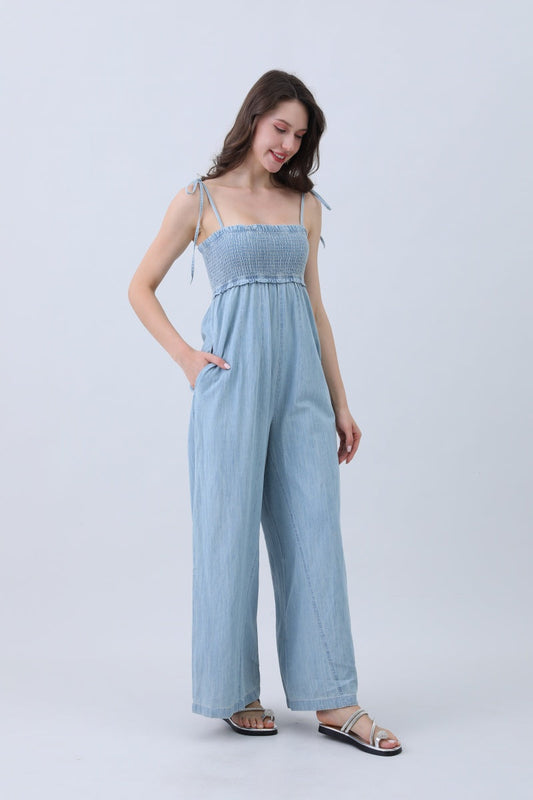 Light Blue Denim Jumpsuit – Smocked Top & Wide Legs Leto Collection