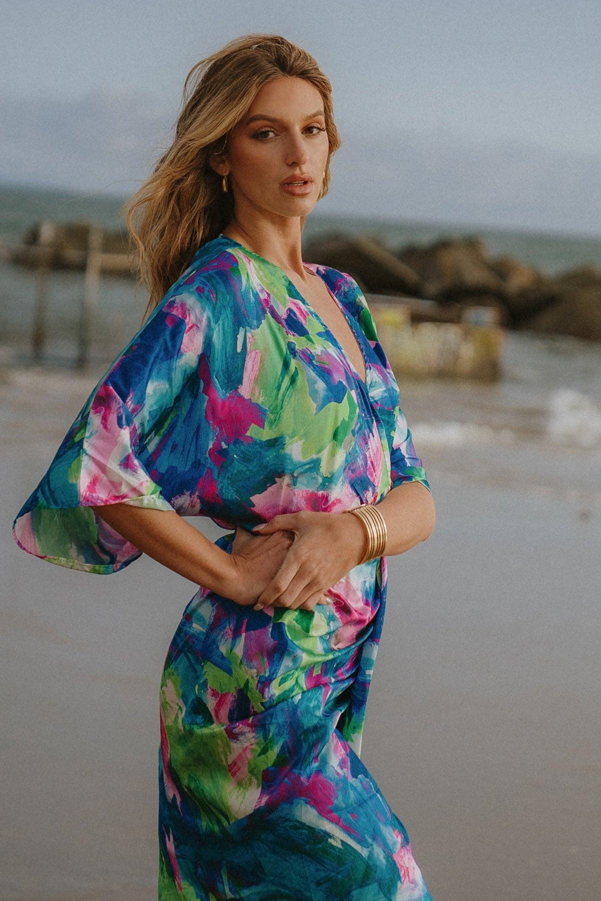 On the Horizon Woven Satin Midi Dress Plunging V Neck Kimono Sleeves — Soul Flow Apparel