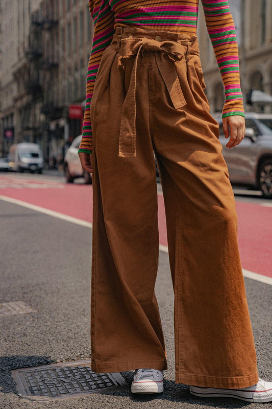 Big Moment Twill Pants High Waisted Paperbag Waist with Self Belt Wide Leg — Soul Flow Apparel
