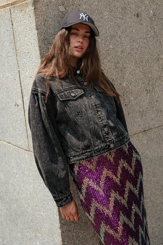 See You Go Acid Wash Denim Jacket with Puff Sleeves and Front Pockets — Soul Flow Apparel