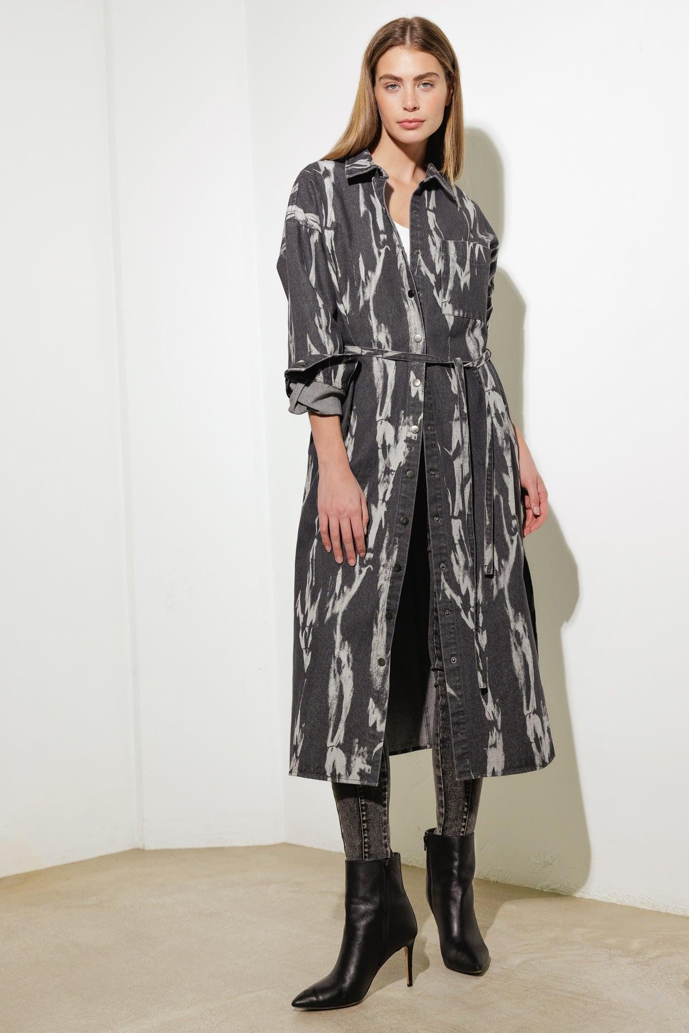 Here & Now Woven Denim Midi Shirt Dress in grey, view 4 — Soul Flow Apparel