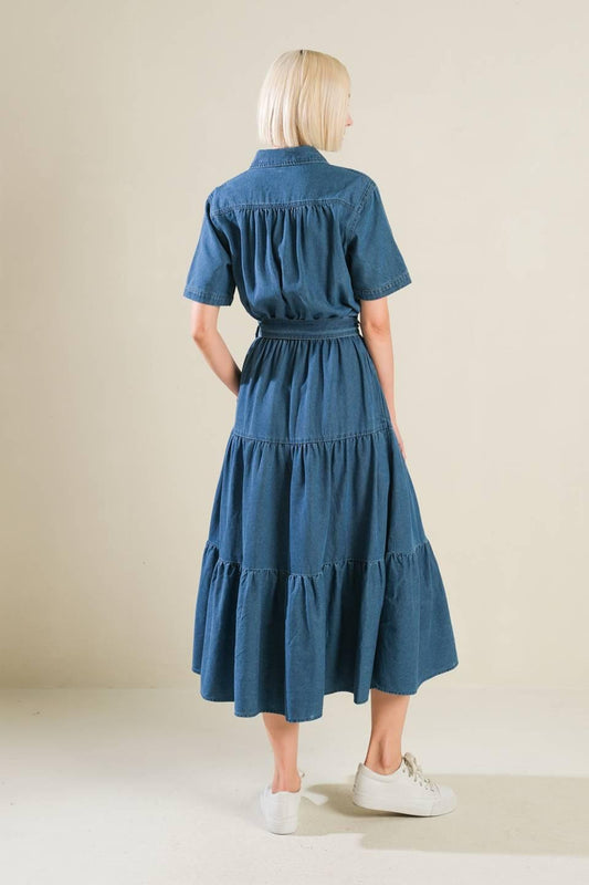 Absolute Edge Denim Midi Dress in blue, view 2 — Soul Flow Apparel