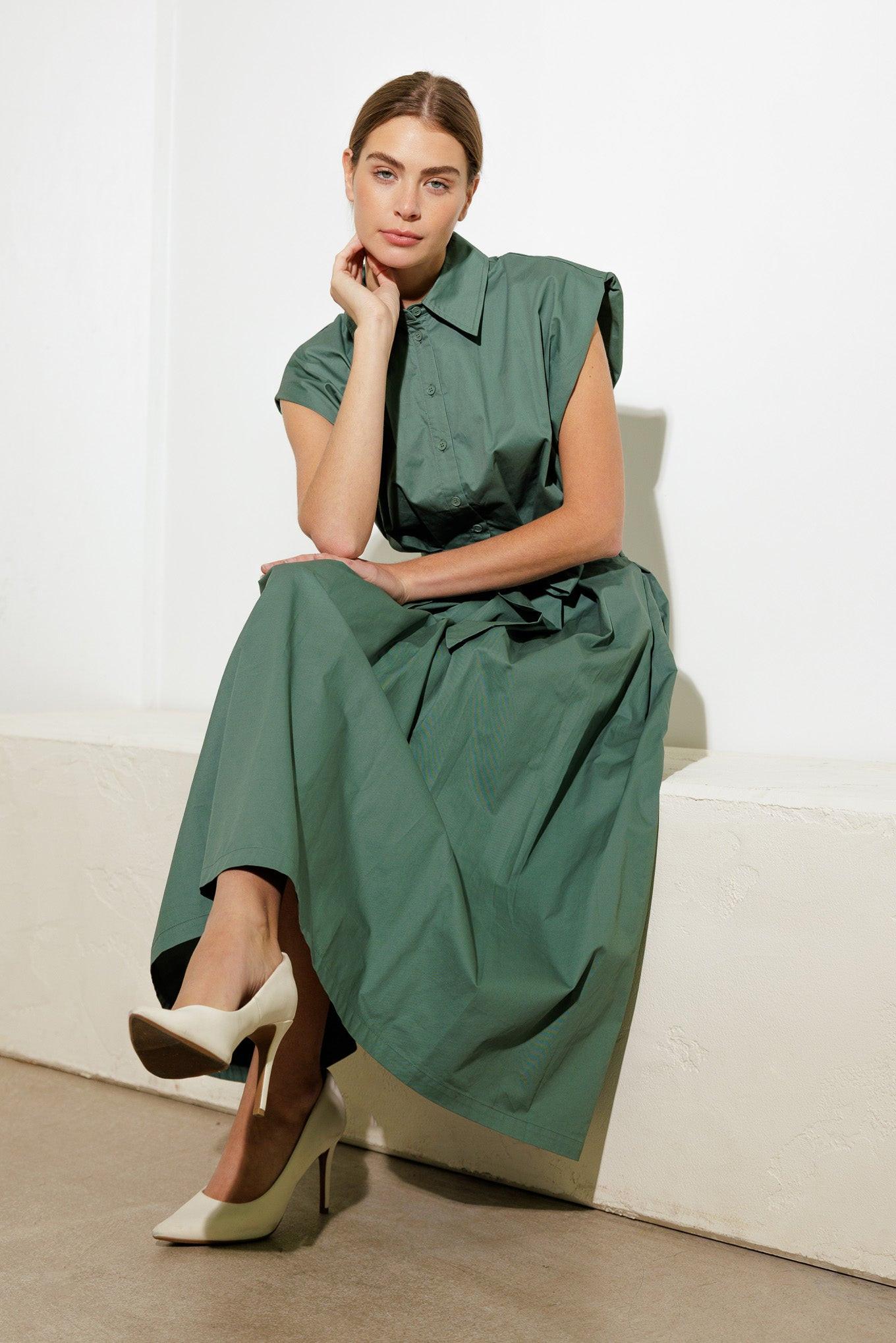 Deeper Connection Woven Midi Dress in sage, view 7 — Soul Flow Apparel