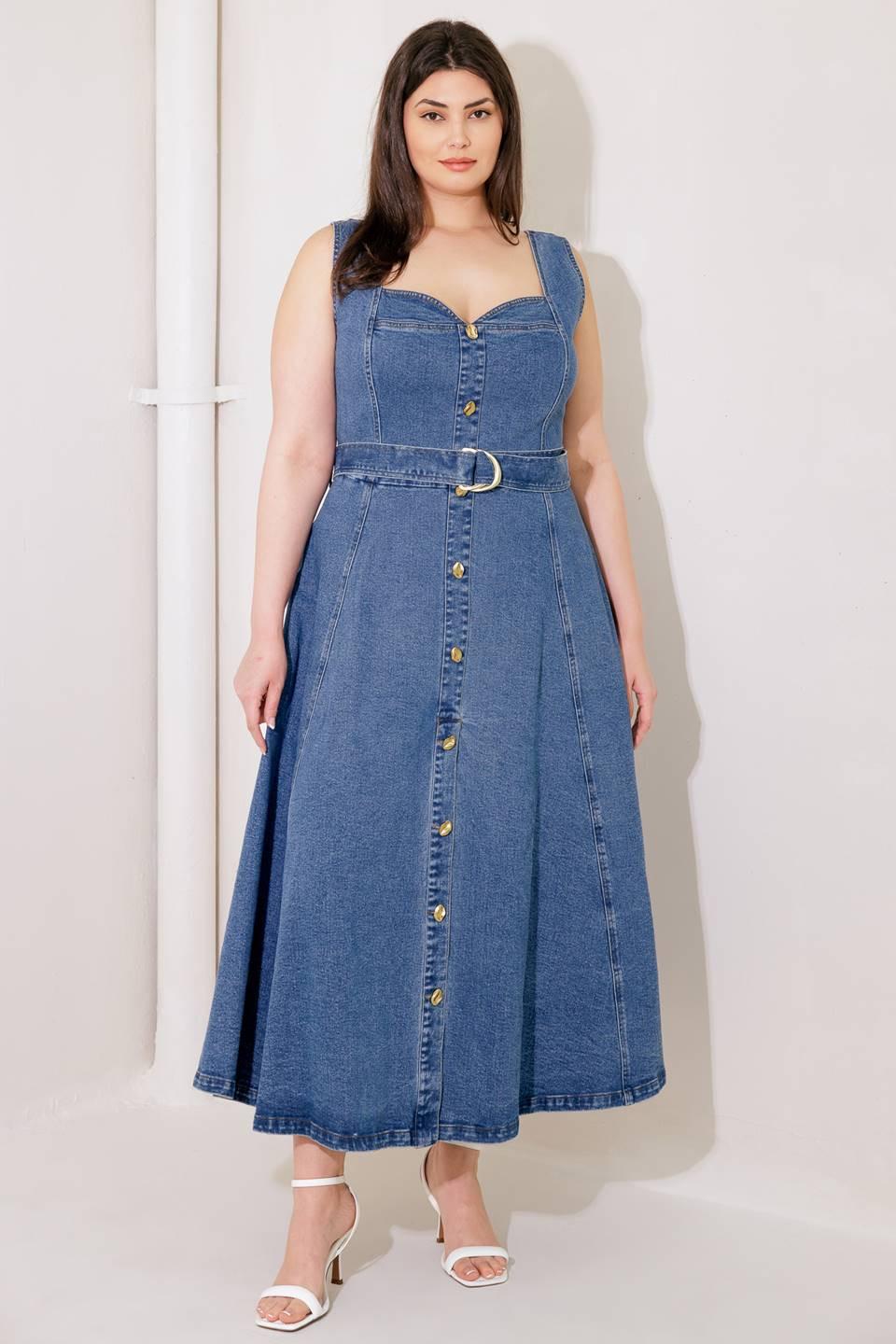 Prettiest Behavior Denim Midi Dress in blue, view 2 — Soul Flow Apparel