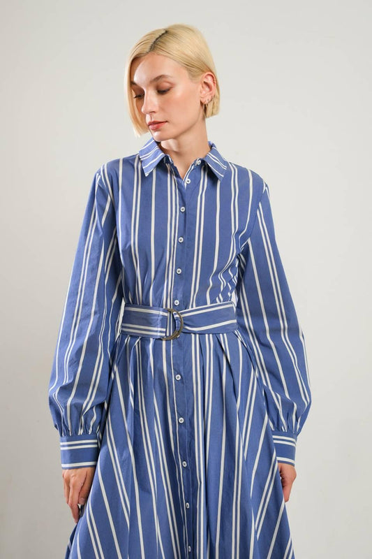 Petal Power Midi Shirt Dress in blue white gold, view 4 — Soul Flow Apparel