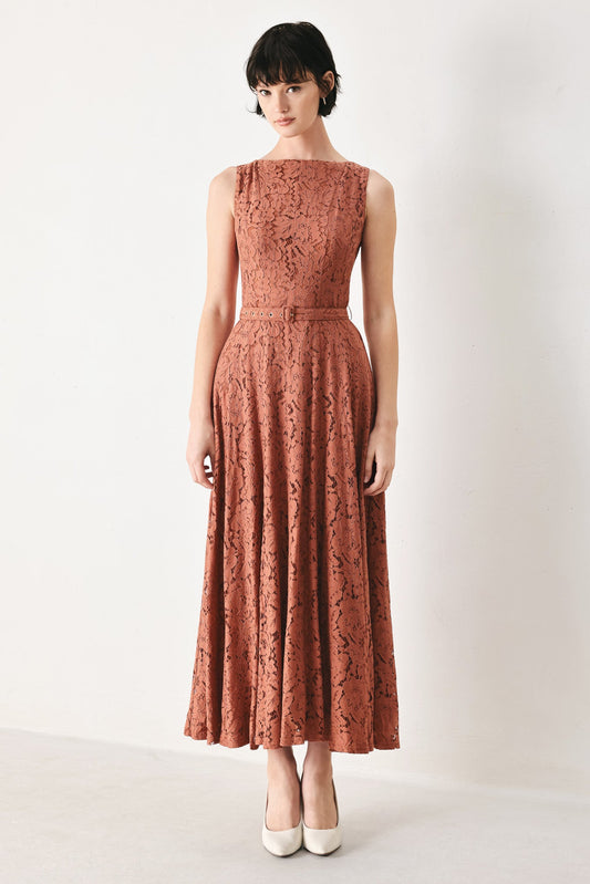 True Romance Woven Lace Midi Dress in rust, view 1 — Soul Flow Apparel