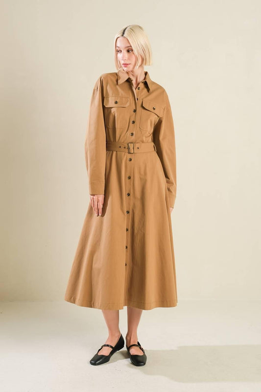 Charming Decision Woven Midi Dress in khaki, view 1 — Soul Flow Apparel