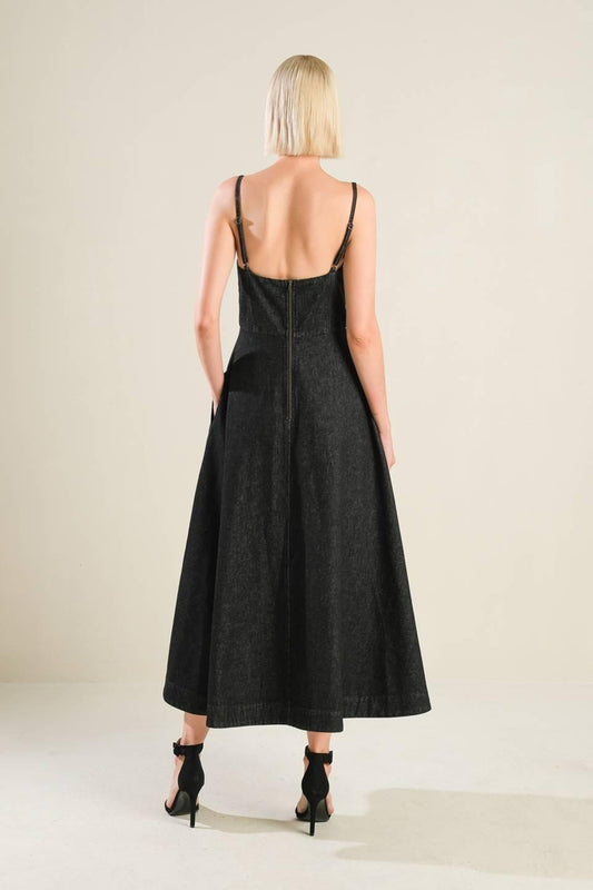 You Are My Sunshine Denim Midi Dress in black, view 2 — Soul Flow Apparel