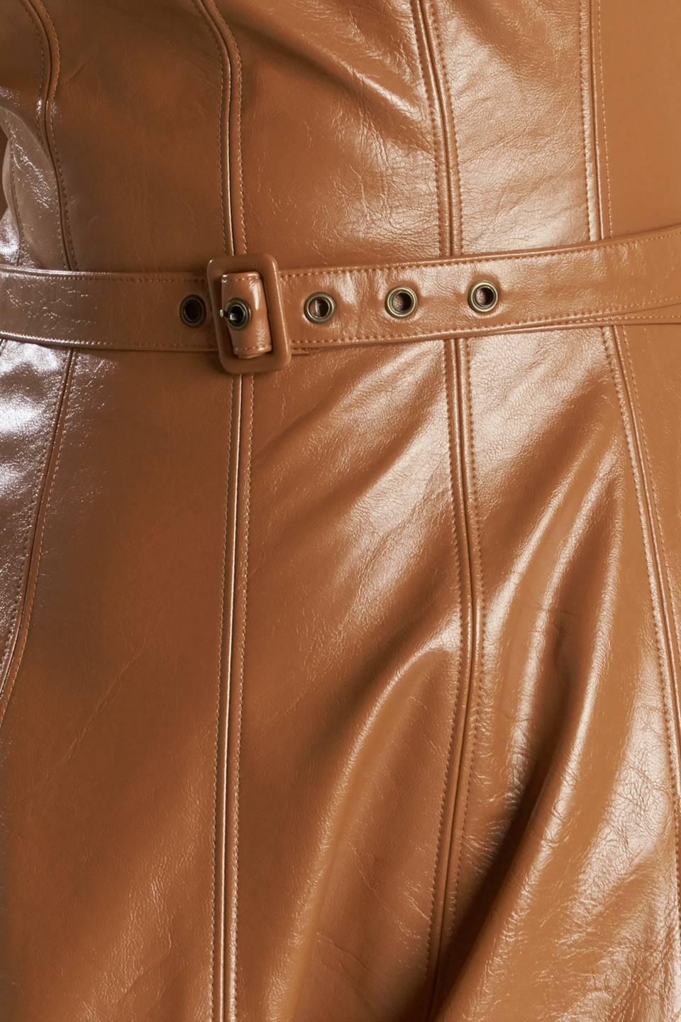 Lunar Symphony Faux Leather Midi Dress in camel, fabric swatch — Soul Flow Apparel