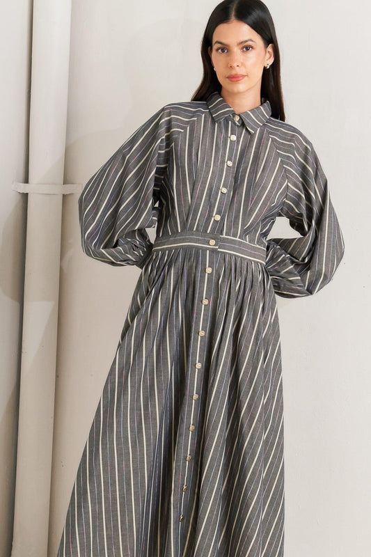 What I Feel Woven Midi Dress in charcoal, view 2 — Soul Flow Apparel