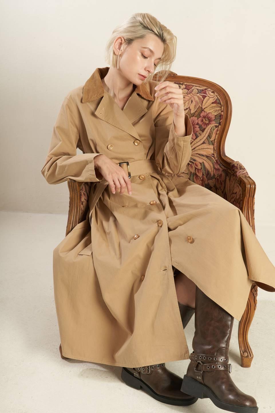 Falling Leaves Woven Midi Trench Coat in camel, view 8 — Soul Flow Apparel