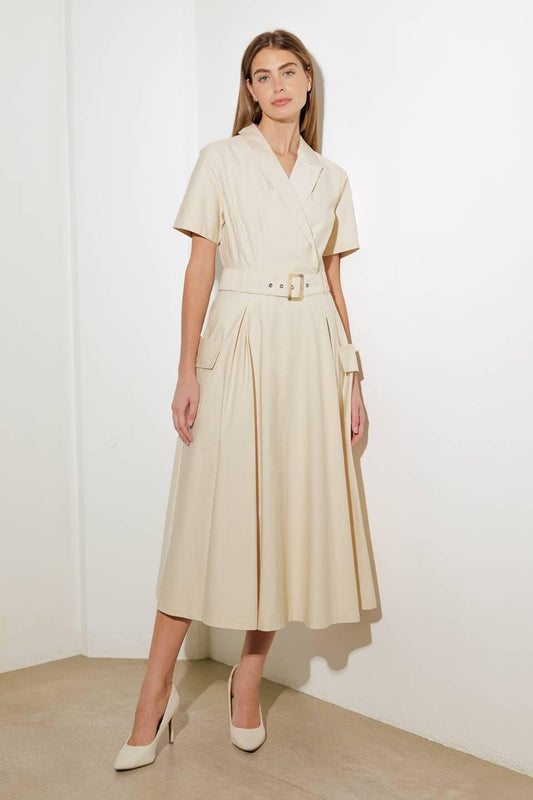 Lost in the Stars Woven Midi Dress in almond, view 1 — Soul Flow Apparel