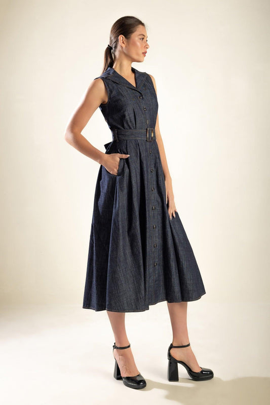 Oasis of Calm Rigid Denim Midi Dress in indigo, view 3 — Soul Flow Apparel