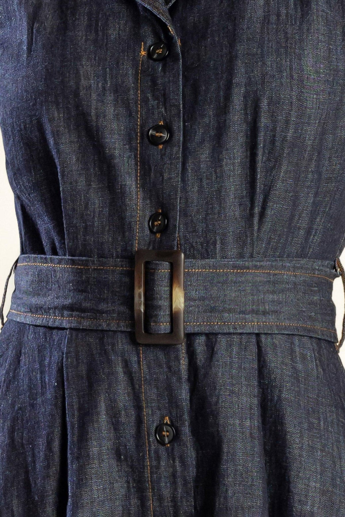 Oasis of Calm Rigid Denim Midi Dress in indigo, fabric swatch — Soul Flow Apparel