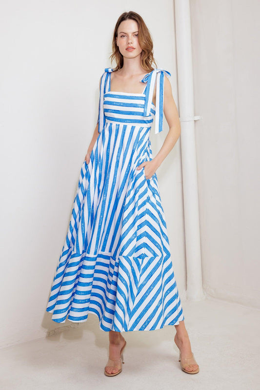Ocean Breeze Woven Midi Dress in blue white, view 5 — Soul Flow Apparel
