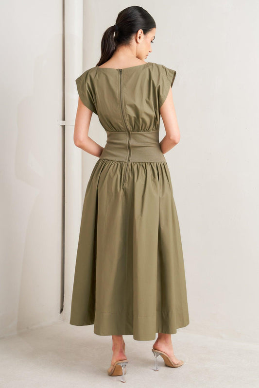 Dreamweaver Romantic Olive Woven Midi Dress, view 5 — Soul Flow Apparel