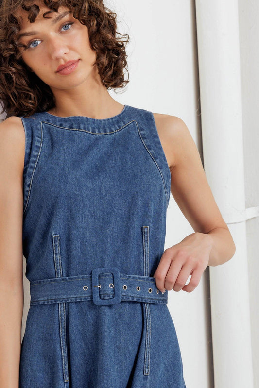 Poet’s Muse Denim Woven Midi Dress in indigo, view 6 — Soul Flow Apparel