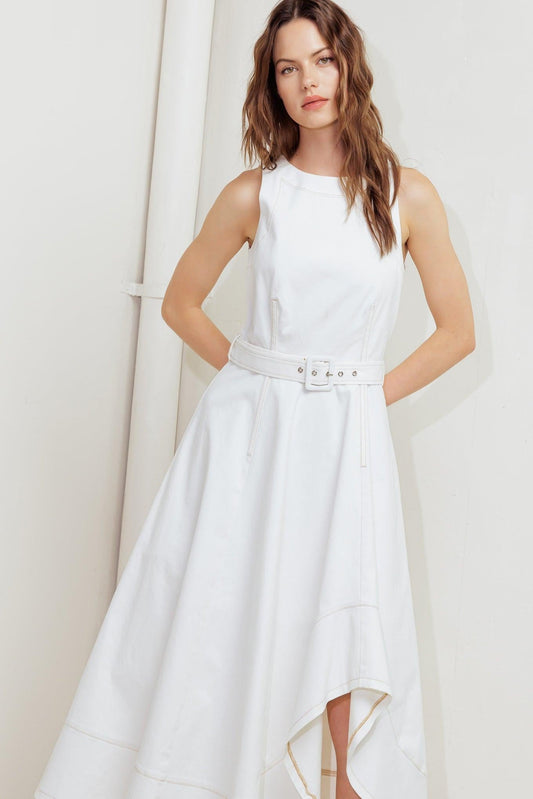 Poet’s Muse Woven Midi Dress in white, view 2 — Soul Flow Apparel