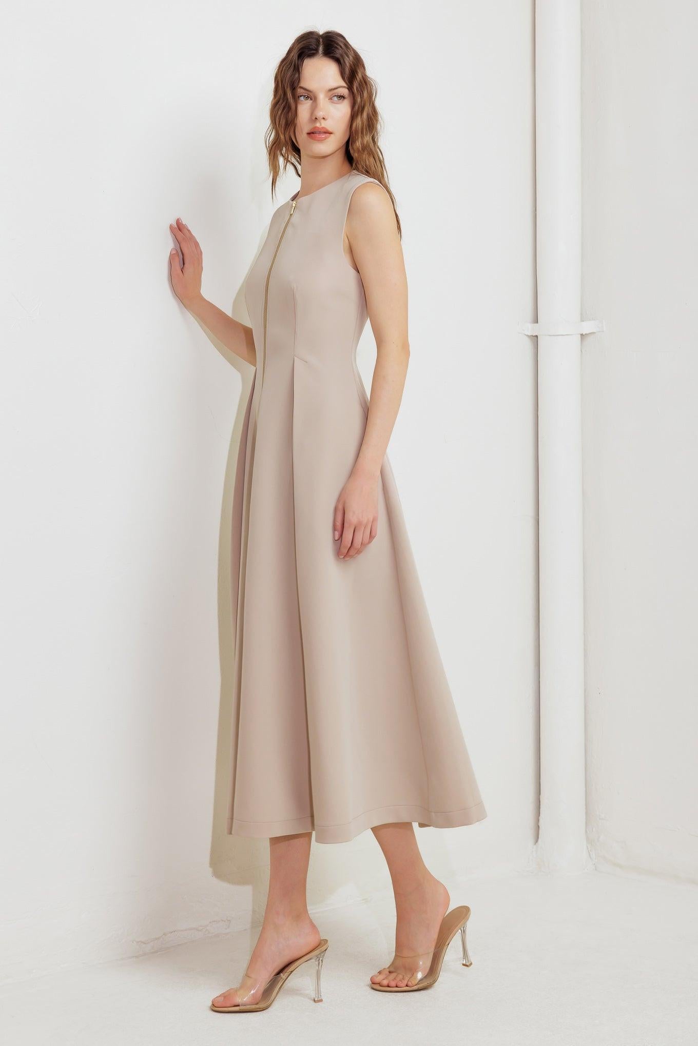 Zip & Flow Woven Midi Dress in light beige, view 6 — Soul Flow Apparel