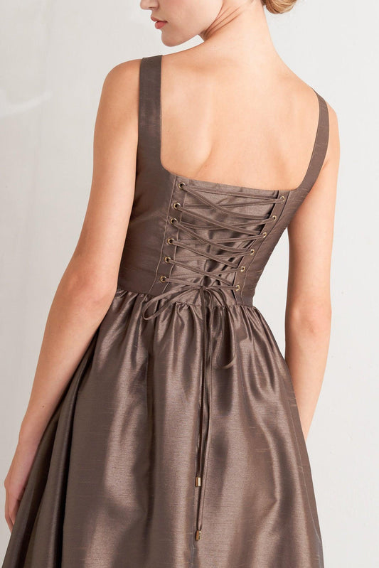 Café Luster Woven Midi Dress in brown, view 4 — Soul Flow Apparel