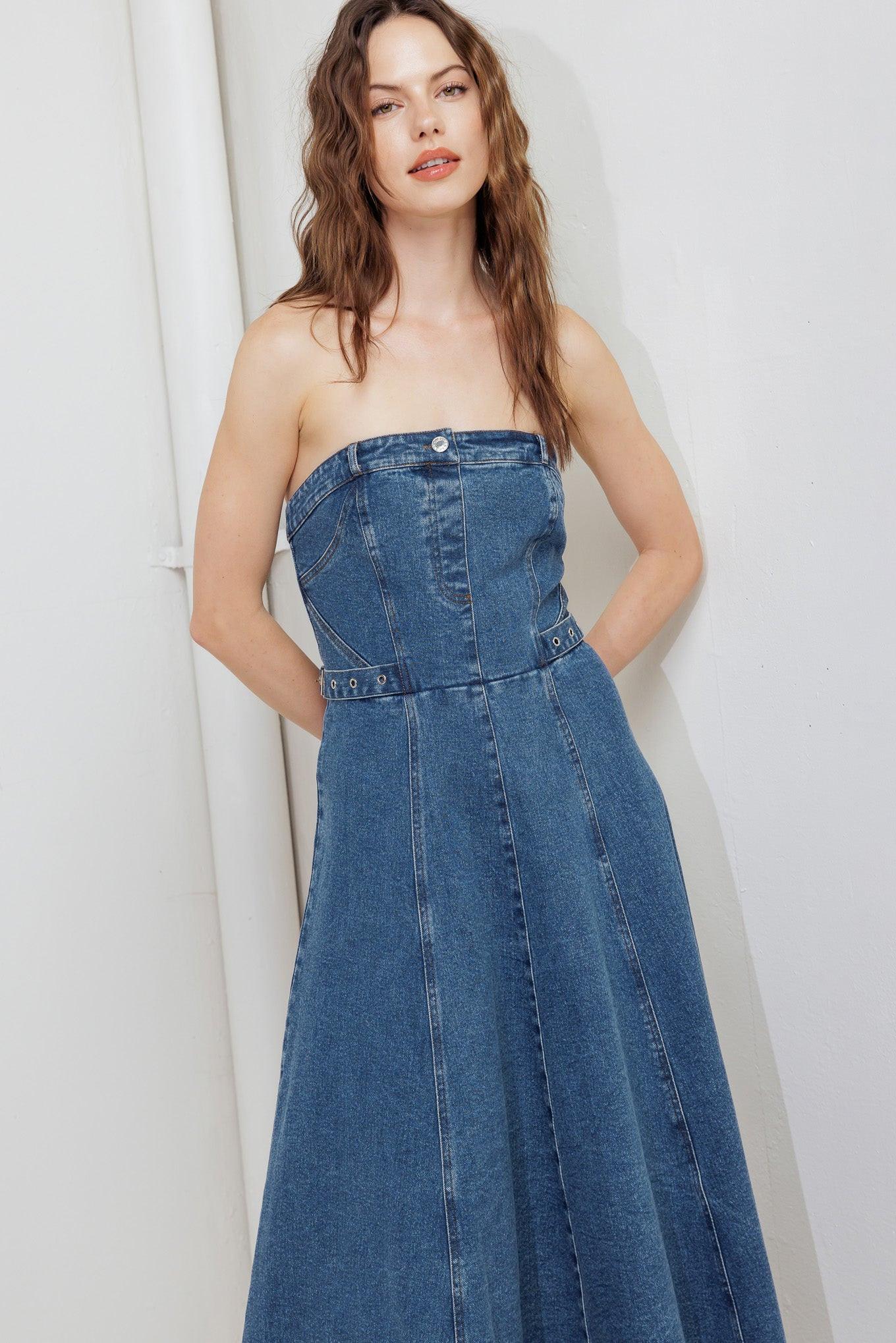 Midnight Structure Denim Midi Dress in indigo, view 3 — Soul Flow Apparel