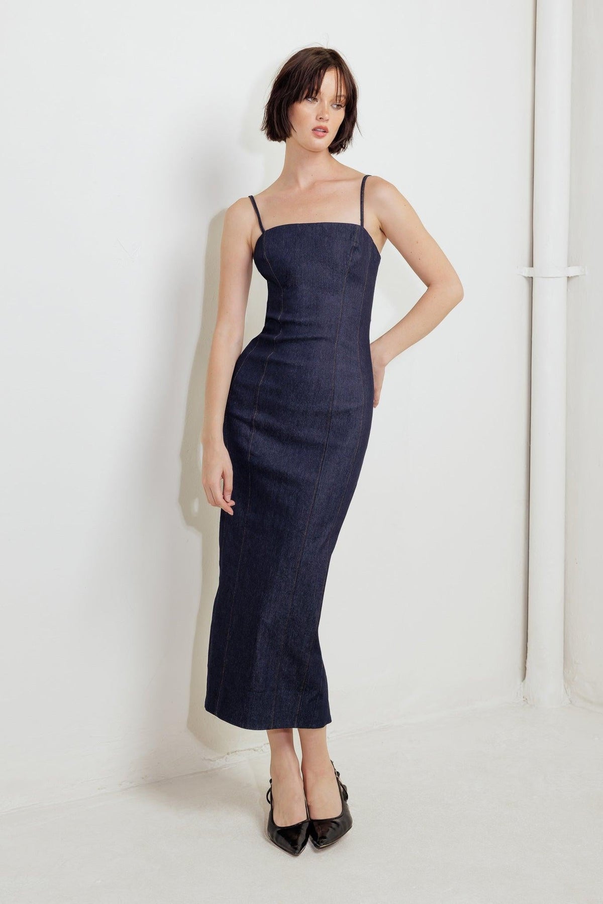 Quiet Curve Dark Denim Midi Dress, view 2 — Soul Flow Apparel