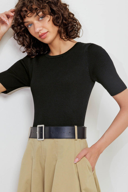 Sculpted Grace Sweater Woven Top and Skirt Dress in black taupe, view 2 — Soul Flow Apparel