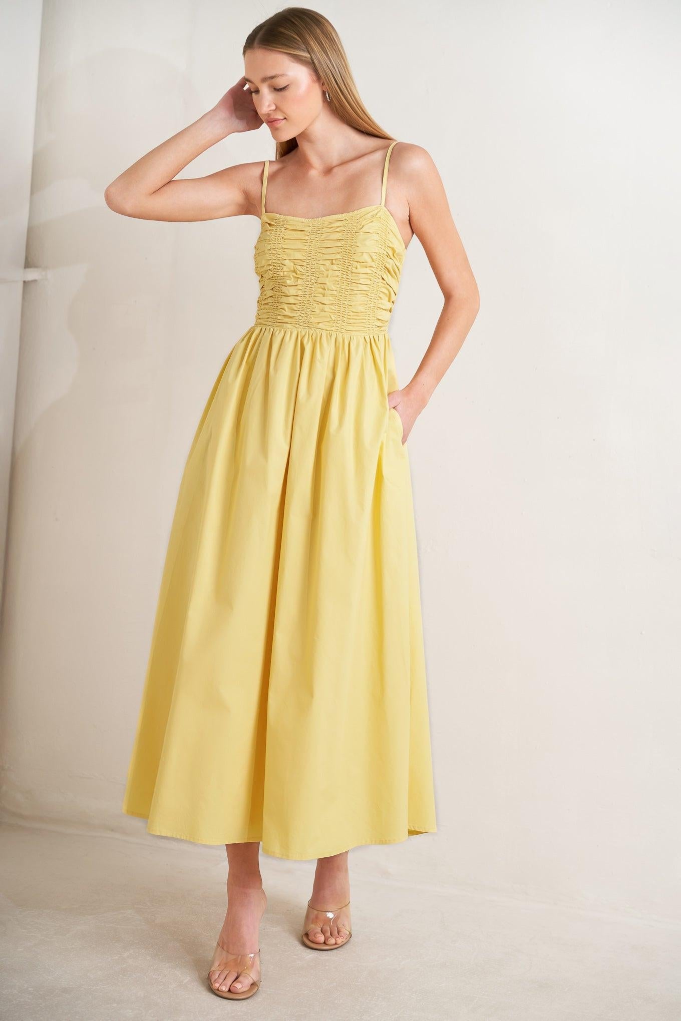Lemon Kiss Woven Midi Dress in butter yellow, view 1 — Soul Flow Apparel