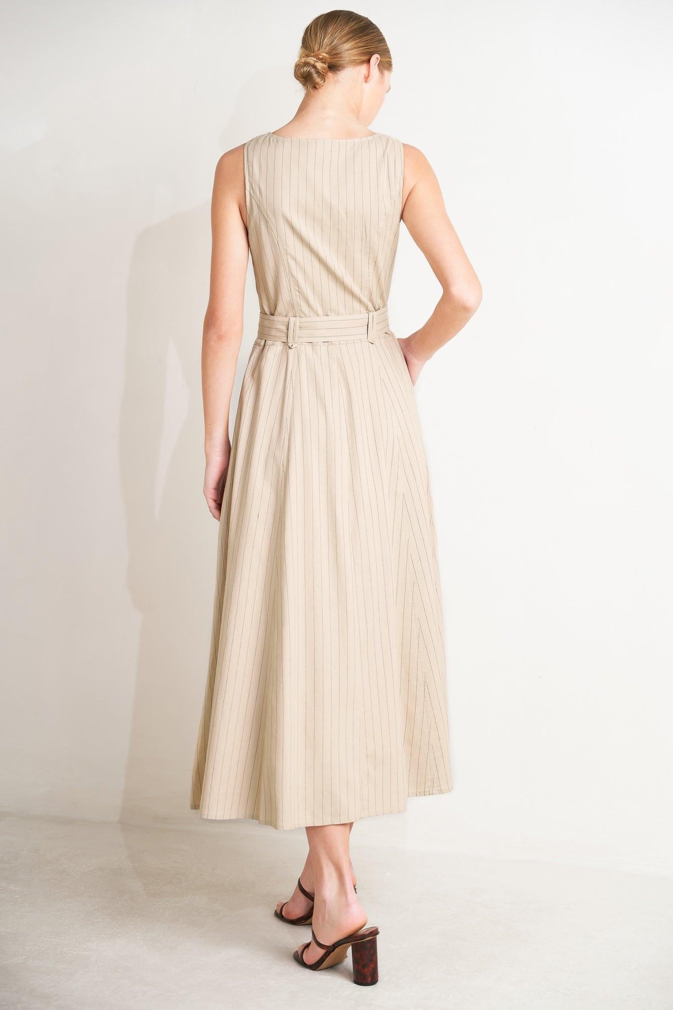 Tailored in Sunlight Woven Midi Dress in taupe black, view 6 — Soul Flow Apparel