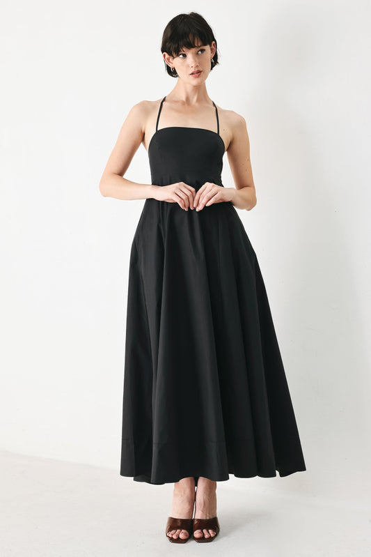 Pure Line Woven Midi Dress in black, view 1 — Soul Flow Apparel