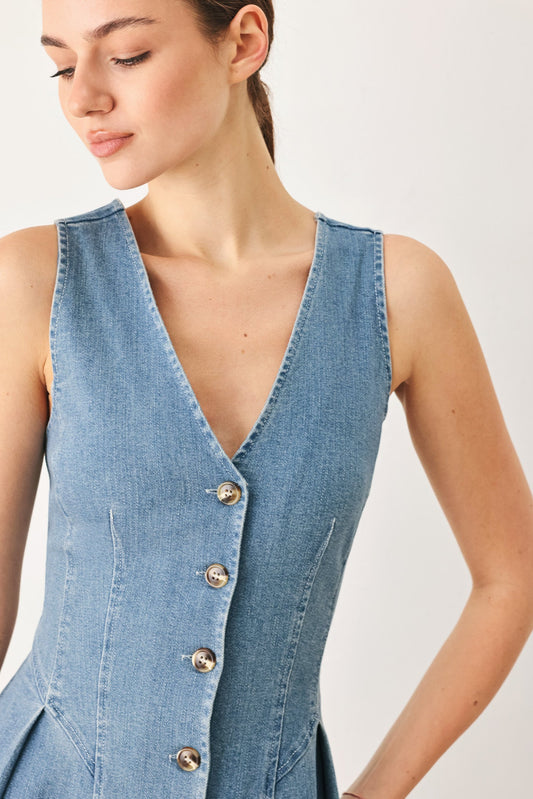 Sweetheart V-Neck Denim Midi Dress in light denim, view 5 — Soul Flow Apparel