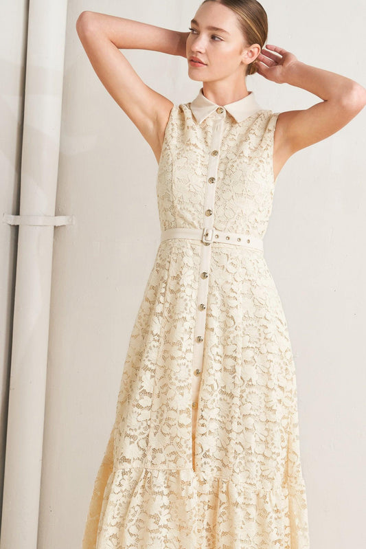Purely Romantic Woven Lace Midi Dress in cream, view 2 — Soul Flow Apparel