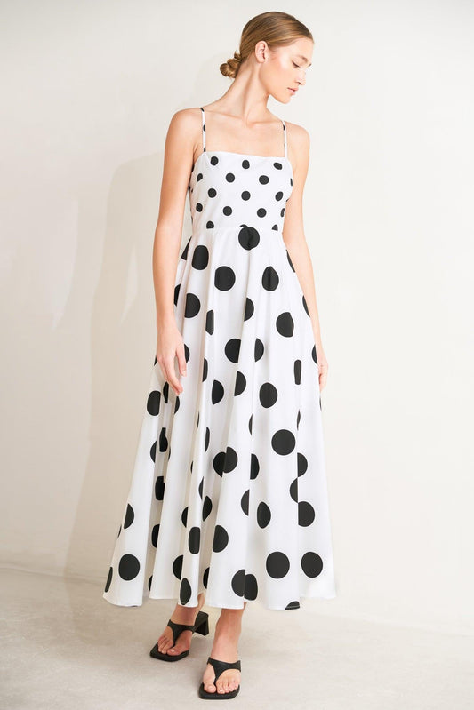 Dolce Vita Polka Dot Woven Midi Dress in white black, view 2 — Soul Flow Apparel