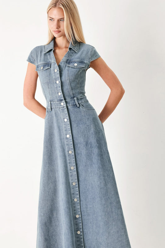 Classic Flow Denim Midi Dress in light denim, view 2 — Soul Flow Apparel