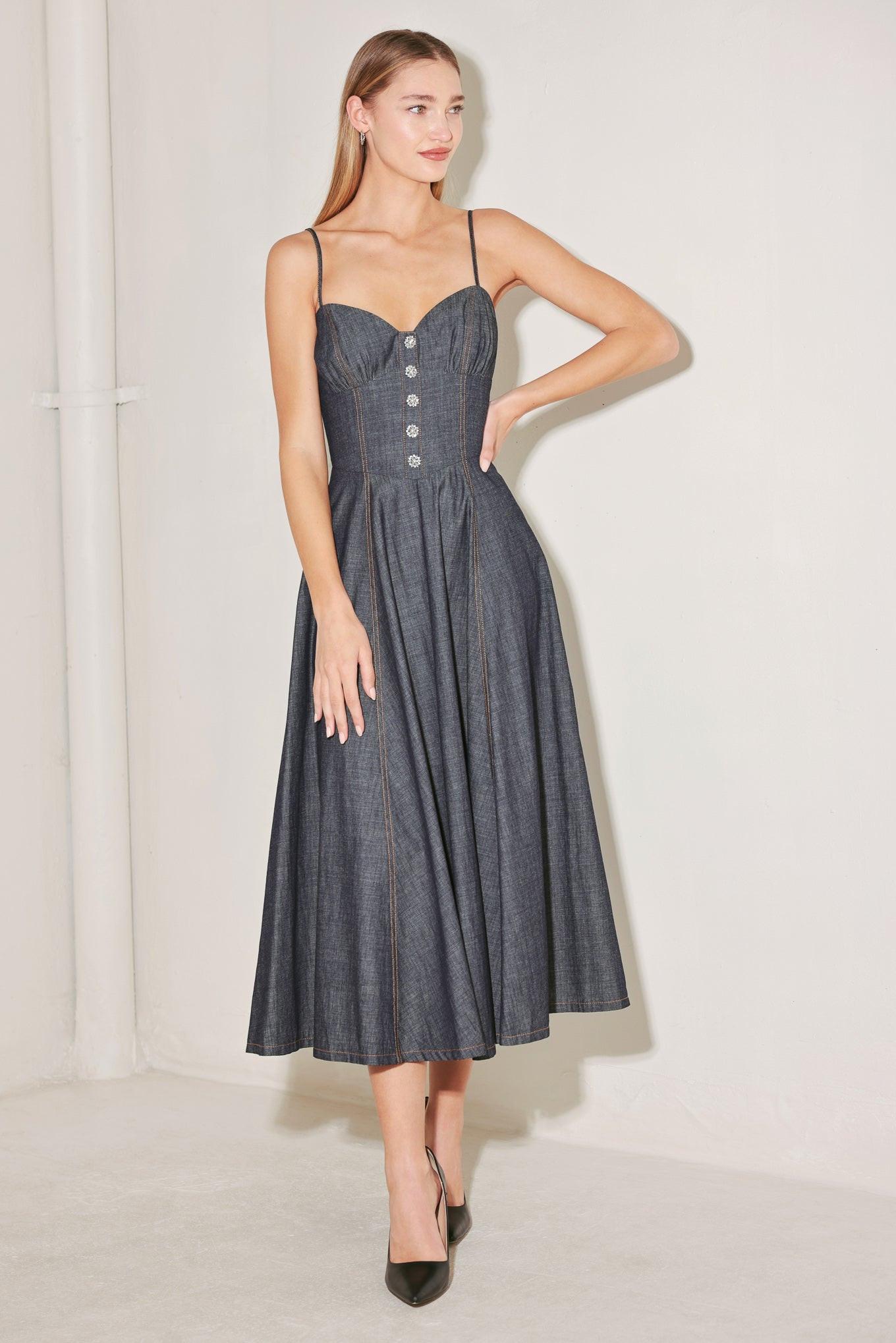 After Hours Serenade Denim Midi Dress in dark, view 1 — Soul Flow Apparel