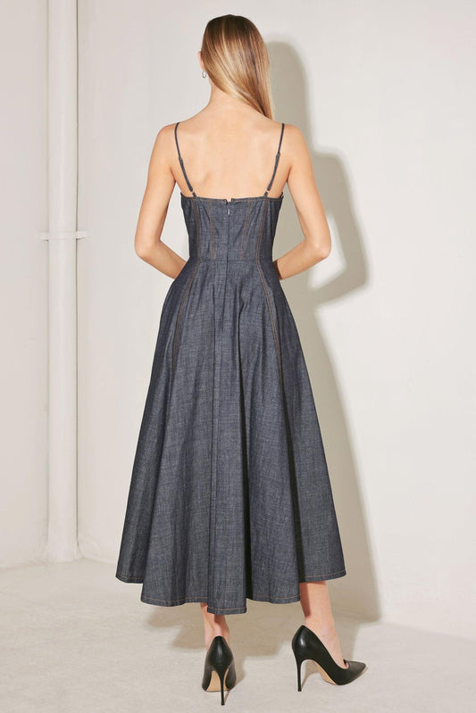 After Hours Serenade Denim Midi Dress in dark, view 7 — Soul Flow Apparel