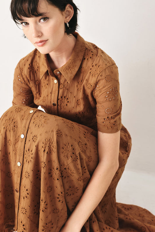 Timeless Love Woven Eyelet Midi Dress in camel, view 7 — Soul Flow Apparel