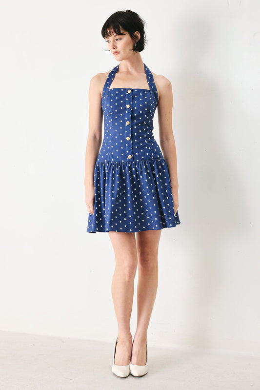 Dots & Dreams Woven Mini Dress in navy white, view 1 — Soul Flow Apparel