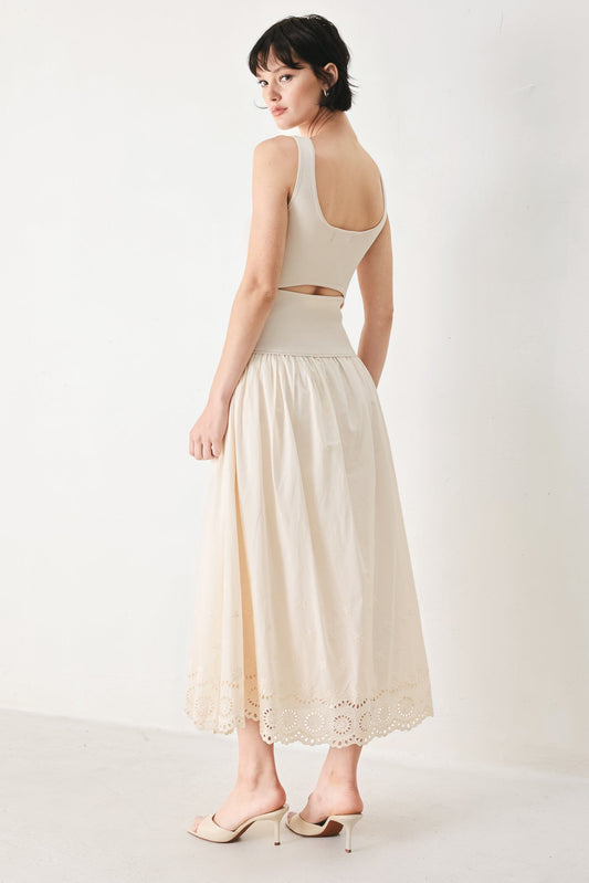 Daydream Thread Midi Dress in light taupe, view 2 — Soul Flow Apparel