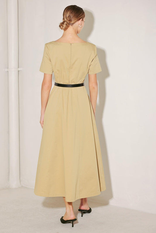Warm Stone Edit Woven Midi Dress in beige, view 6 — Soul Flow Apparel