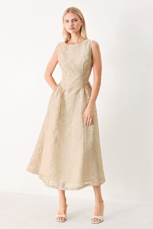 Evening Blossom Organza Midi Dress in taupe, view 1 — Soul Flow Apparel