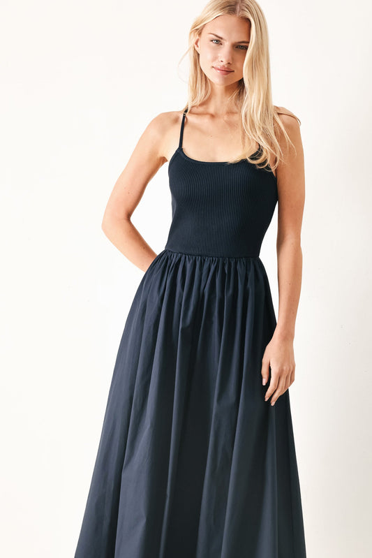 Easy Breeze Navy Woven Midi Dress, view 2 — Soul Flow Apparel