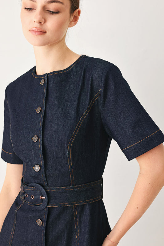 Romantic Denim Woven Midi Dress in dark denim, view 4 — Soul Flow Apparel