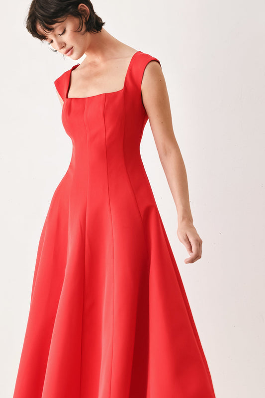 Scarlet Romance Woven Midi Dress in red, view 5 — Soul Flow Apparel