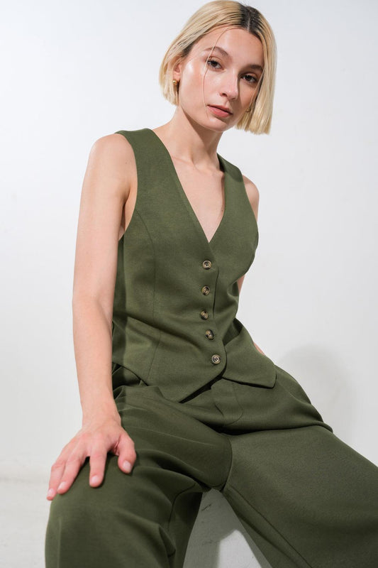 Call My Lovely Ponti Vest in olive, view 1 — Soul Flow Apparel