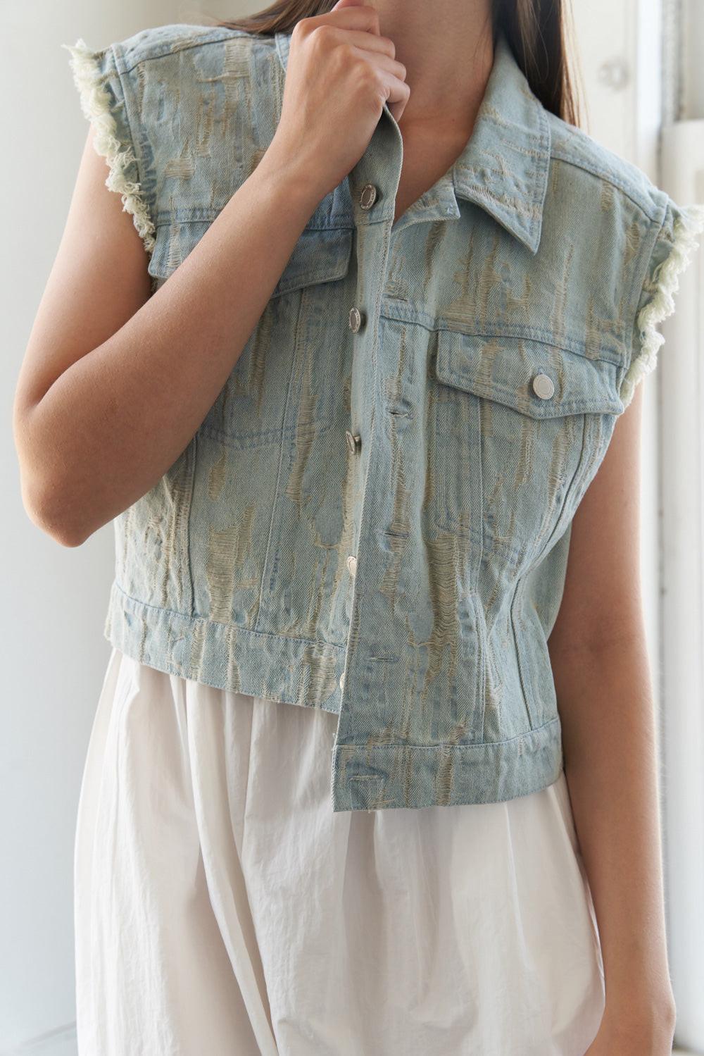 Blessed Lift Denim Vest in light indigo, view 5 — Soul Flow Apparel