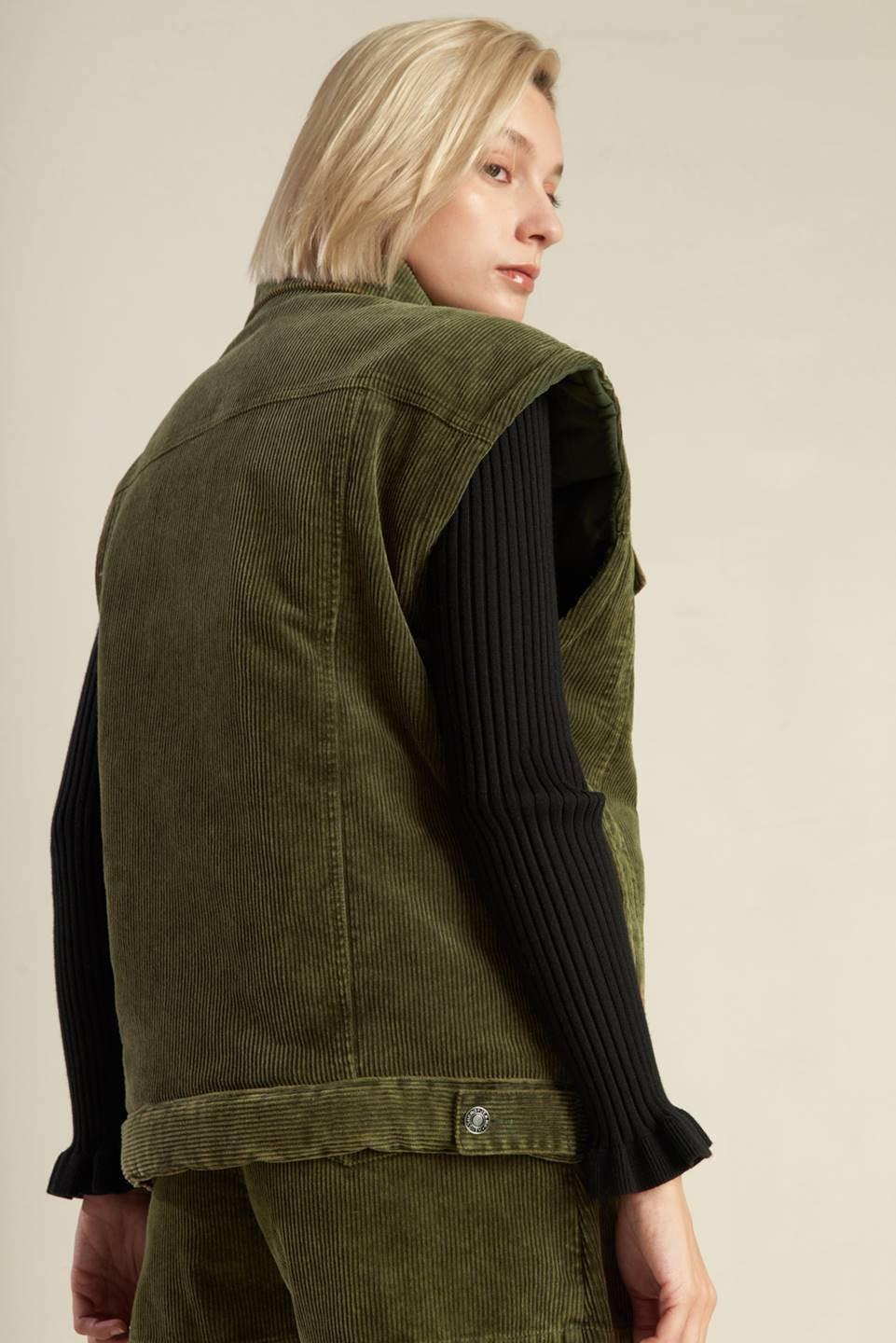 Escaping Reality Corduroy Vest in olive, view 5 — Soul Flow Apparel
