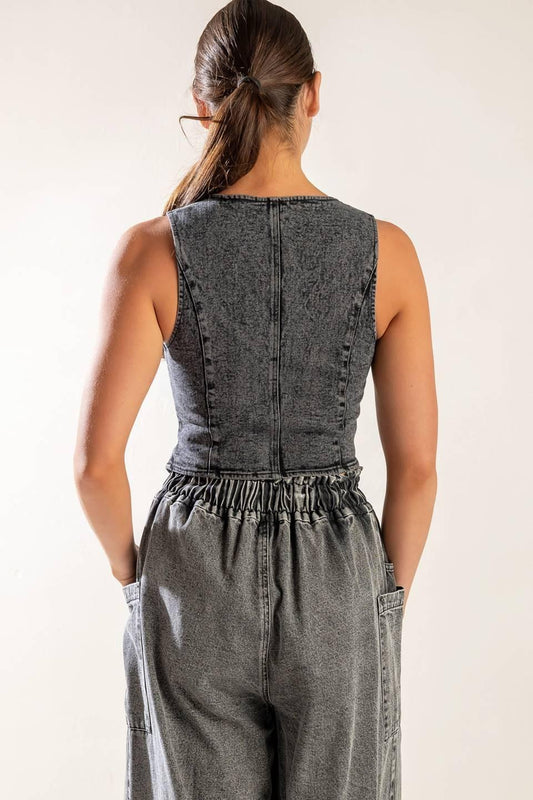 Exploring the City Denim Vest in black, view 8 — Soul Flow Apparel