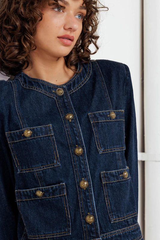Glam Code Denim Jacket in indigo, view 2 — Soul Flow Apparel